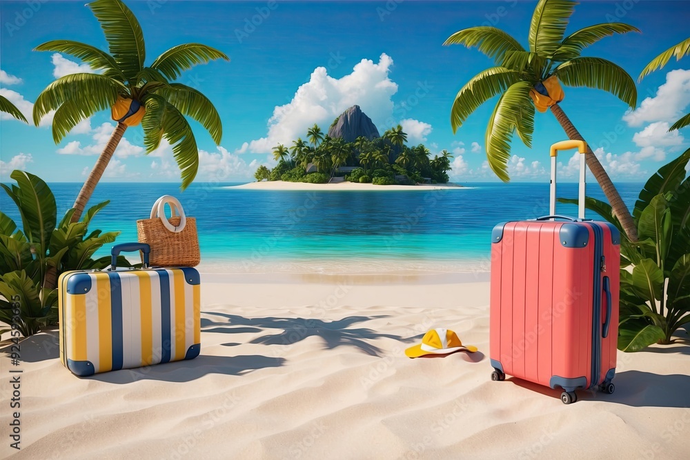 Obraz premium 3D Render Tropical Island Vacation Scene with Beach Bag and Luggage
