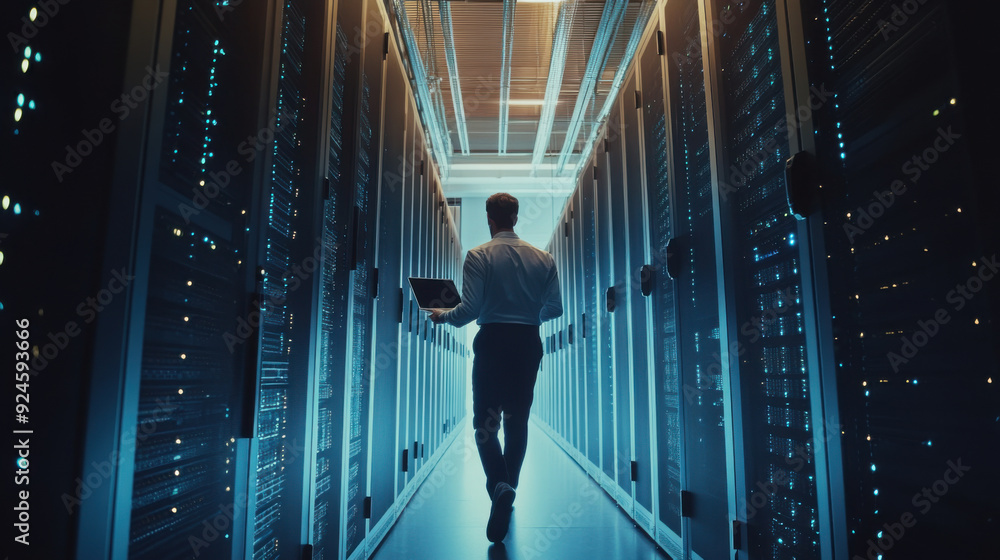 Data center manager walking between server racks, laptop in hand, troubleshooting issues Data center manager walking between server racks, laptop in hand, troubleshooting issues