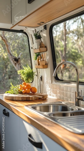 Inviting Interior of a Campervan Kitchen with a Practical Sink and Faucet, Perfect for On-the-Go Culinary Adventures.
