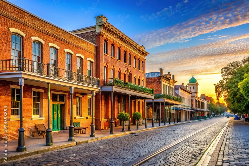 Fototapeta premium Historic brick buildings and charming cobblestone streets line the Sacramento River in Old Sacramento, California, a nostalgic glimpse into the Wild West era.