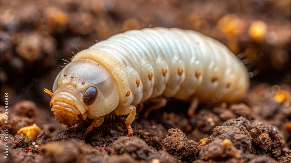 Macro shot of a plump, creamy-white grub insect with tiny hairs and segmented body, resting on a moist, dark brown soil surface. Macro shot of a plump, creamy-white grub insect with tiny hairs and segmented body, resting on a moist, dark brown soil surface.