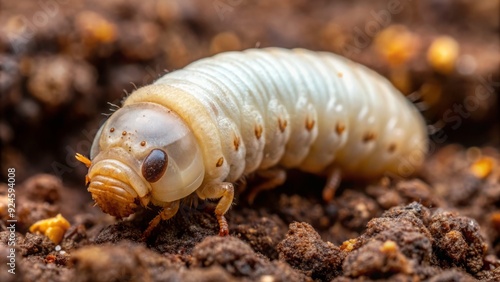 Macro shot of a plump, creamy-white grub insect with tiny hairs and segmented body, resting on a moist, dark brown soil surface. photo