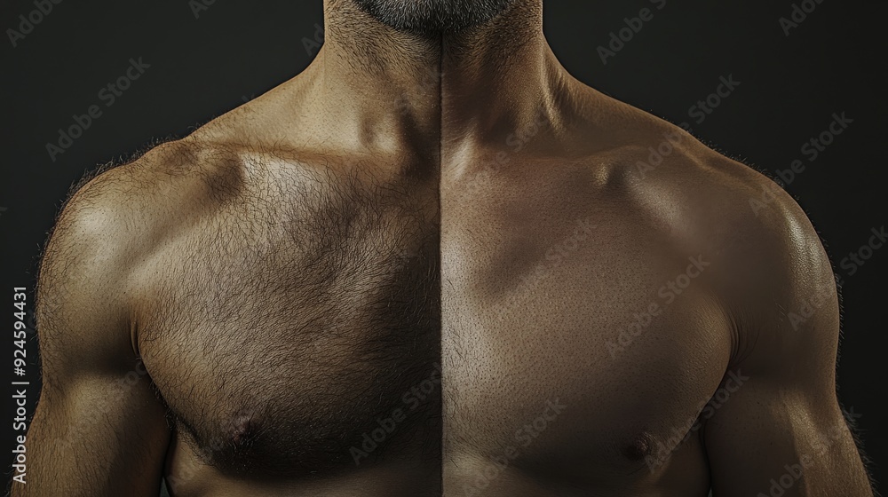 The image captures a man's chest divided into two distinct halves, highlighting contrasting muscle definition and body hair, male chest before and after waxing, sugaring, electrolysis and laser hair The image captures a man's chest divided into two distinct halves, highlighting contrasting muscle definition and body hair, male chest before and after waxing, sugaring, electrolysis and laser hair