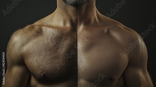 The image captures a man's chest divided into two distinct halves, highlighting contrasting muscle definition and body hair, male chest before and after waxing, sugaring, electrolysis and laser hair  photo