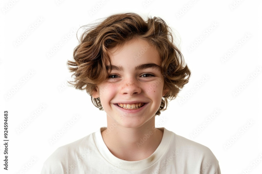 A young boy with curly hair smiling directly at the camera A young boy with curly hair smiling directly at the camera