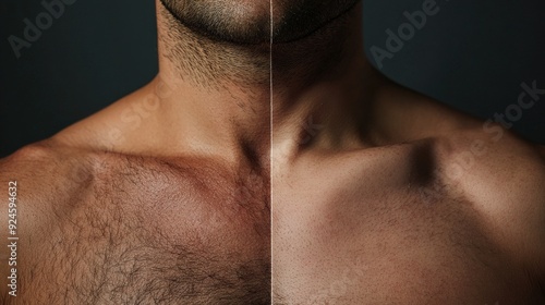 A man’s chest is artistically split to display different textures and tones under dramatic lighting conditions, male chest before and after waxing, sugaring, electrolysis and laser hair removal