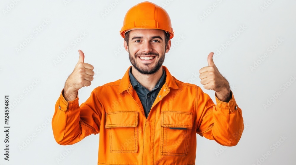 Happy engineer worker with thumbs up on a pure white background showcasing a positive work ethic and enthusiasm in a clear professional image Happy engineer worker with thumbs up on a pure white background showcasing a positive work ethic and enthusiasm in a clear professional image