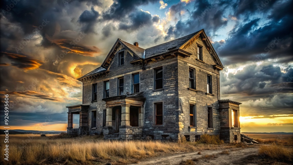 Foreboding abandoned building stands alone on a desolate horizon, its crumbling facade and shattered windows a testament to the ravages of time and neglect. Foreboding abandoned building stands alone on a desolate horizon, its crumbling facade and shattered windows a testament to the ravages of time and neglect.