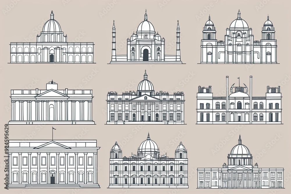 Obraz premium Fine Line Illustrations of Historic Architectural Landmarks Featuring Minimalist Travel Themes