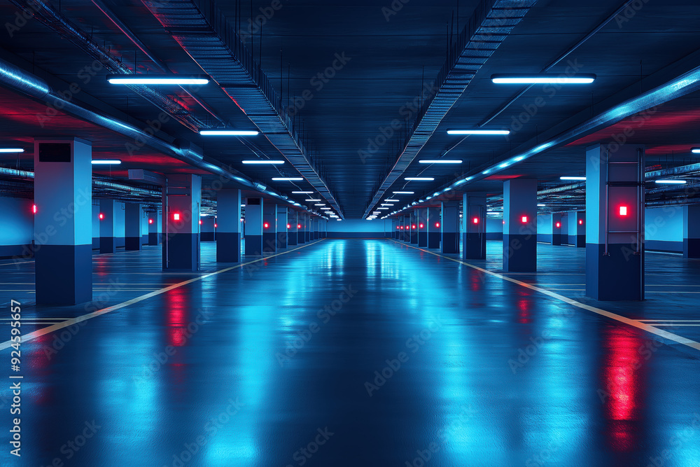 Futuristic Blue Red Neon Lit Empty Parking Garage Interior Futuristic Blue Red Neon Lit Empty Parking Garage Interior
