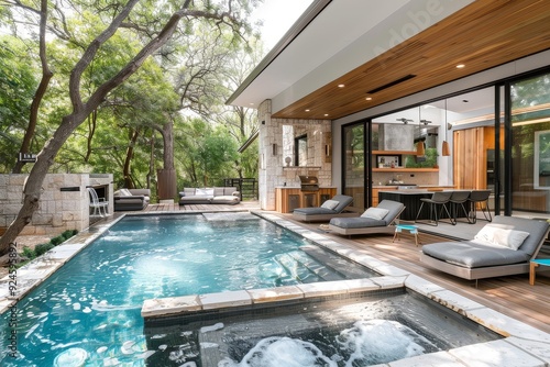 Small pool with wood accents and outdoor kitchen on the deck of an Austin, Texas home, designed in a contemporary style, featuring natural light and sharp textures.