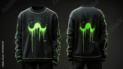 Black sweatshirt with neon green Halloween ghost themed prints. Black sweater with neon green Halloween ghost themed prints   photo