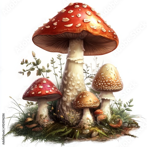 Three mushrooms are sitting on a grassy field