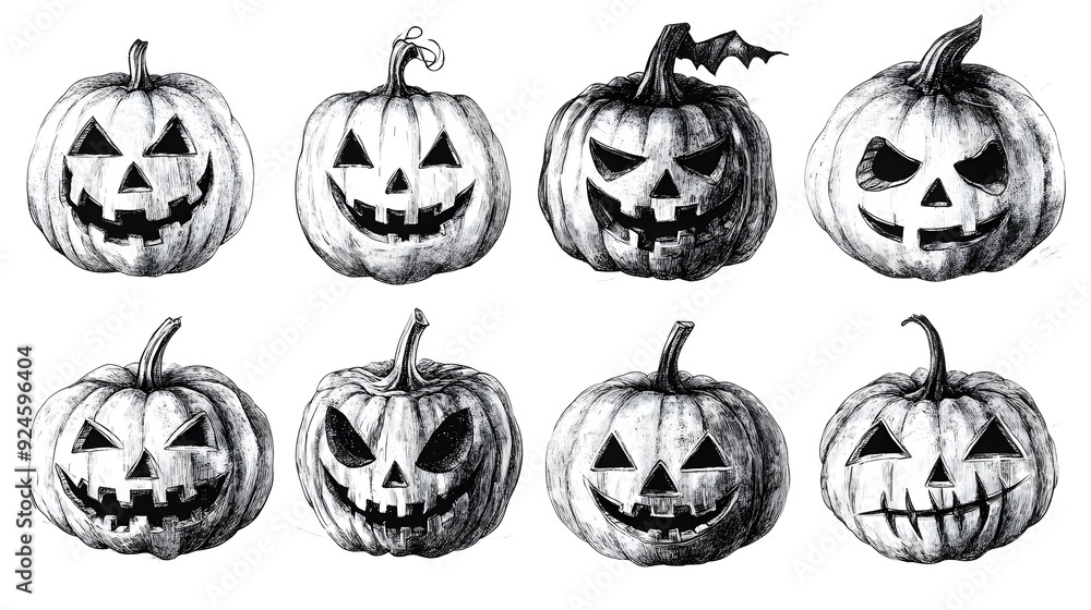 A group of pumpkin head masks in different styles, Halloween party collection, hand-drawn illustration, monochrome, isolated on white background A group of pumpkin head masks in different styles, Halloween party collection, hand-drawn illustration, monochrome, isolated on white background