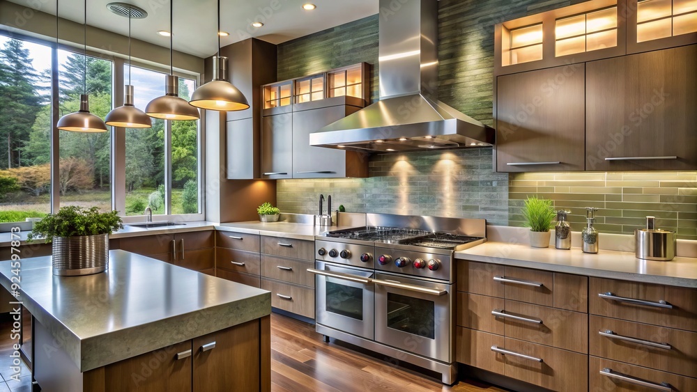 Modern stainless steel kitchen range with five burners, rear vent, and massive oven beneath sleek countertops, cabinetry, and pendant lighting in a contemporary setting. Modern stainless steel kitchen range with five burners, rear vent, and massive oven beneath sleek countertops, cabinetry, and pendant lighting in a contemporary setting.
