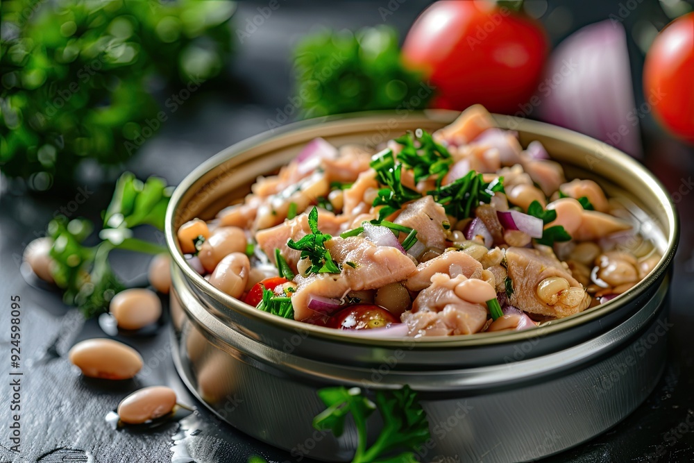 A dish featuring beans, meat, and herbs in a metal container, garnished with vegetables. A dish featuring beans, meat, and herbs in a metal container, garnished with vegetables.