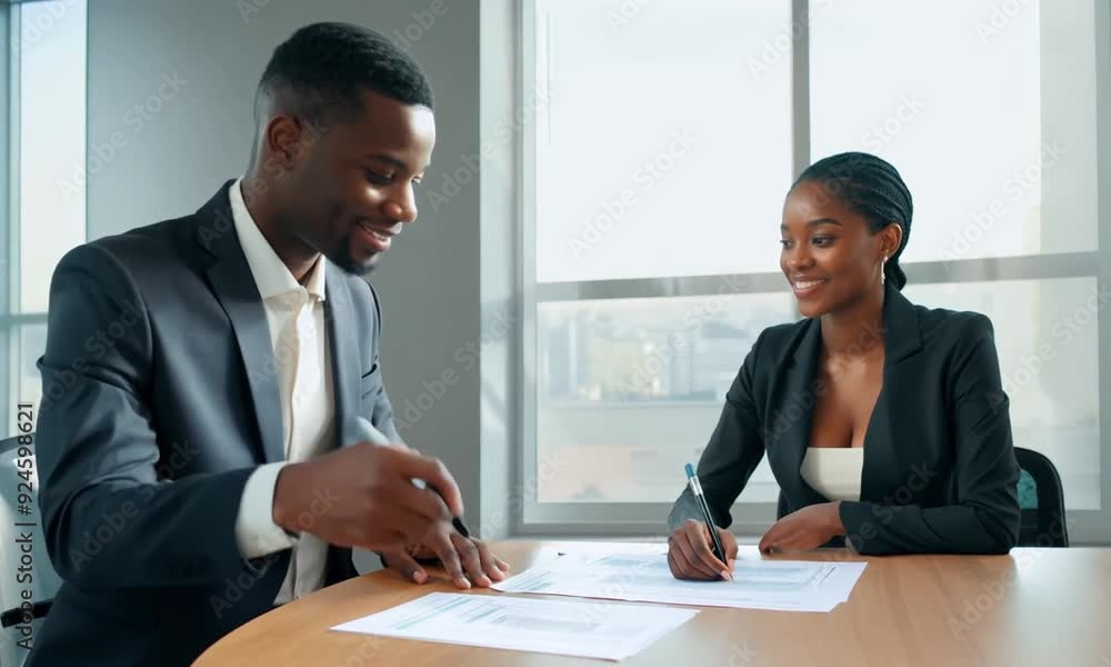 A self-assured young African real estate agent is guiding a couple of clients as they review a paper agreement. The agent is providing consultation and legal assistance related to their mortgage and t A self-assured young African real estate agent is guiding a couple of clients as they review a paper agreement. The agent is providing consultation and legal assistance related to their mortgage and t