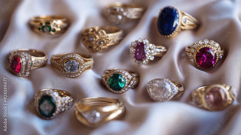 A collection of luxury rings with various gemstones, arranged in a circular pattern on a soft fabric. A collection of luxury rings with various gemstones, arranged in a circular pattern on a soft fabric.