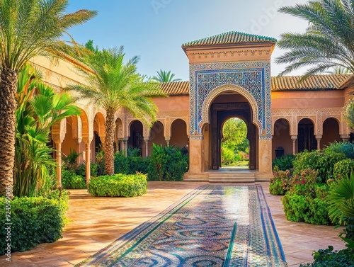 A courtyard with a large archway and palm trees