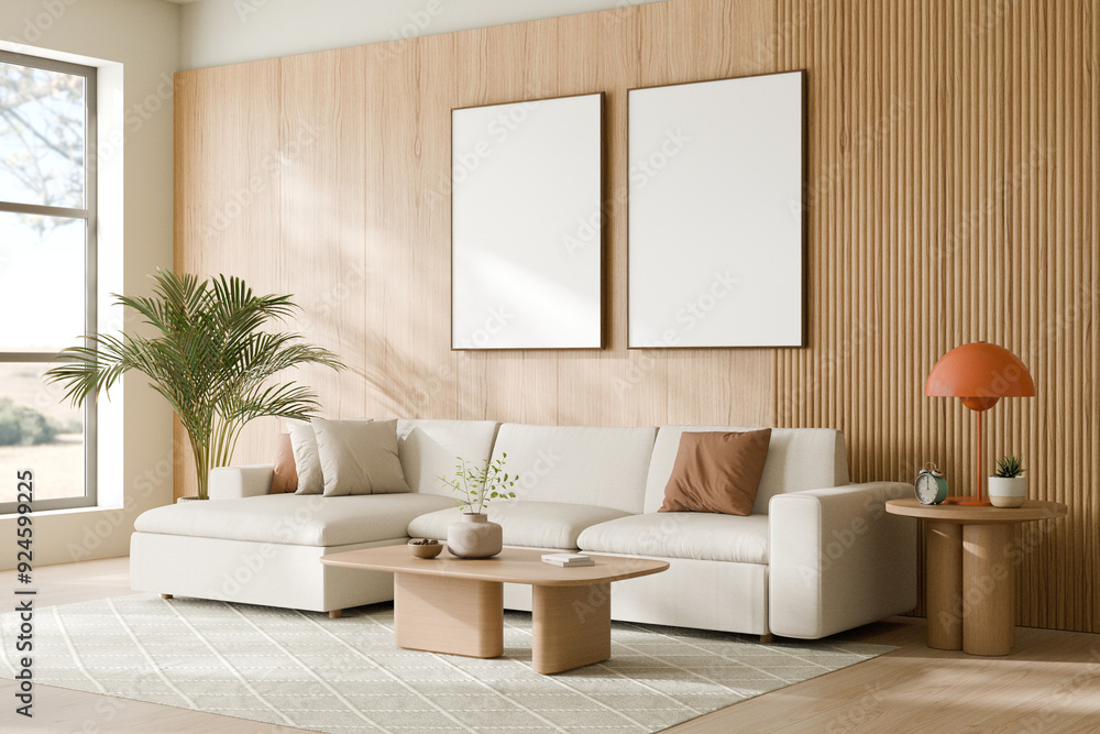 Fototapeta premium Modern living room featuring a cozy beige sofa, wooden coffee table, potted plant, vibrant orange lamp, and two framed artworks on wooden paneled wall, filled with natural light. 3d render.