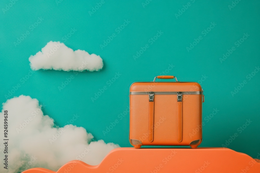 Obraz premium A brown suitcase sits on a cloud against a turquoise background with more clouds in the sky. This is a simple and colorful image representing travel.