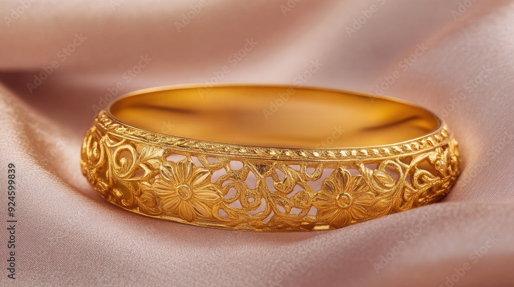 A gold bangle with intricate carvings, displayed on a soft fabric background for a luxurious feel. A gold bangle with intricate carvings, displayed on a soft fabric background for a luxurious feel.