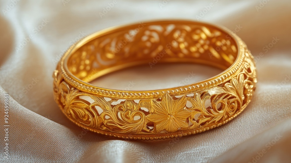 A gold bangle with intricate carvings, displayed on a soft fabric background for a luxurious feel. A gold bangle with intricate carvings, displayed on a soft fabric background for a luxurious feel.