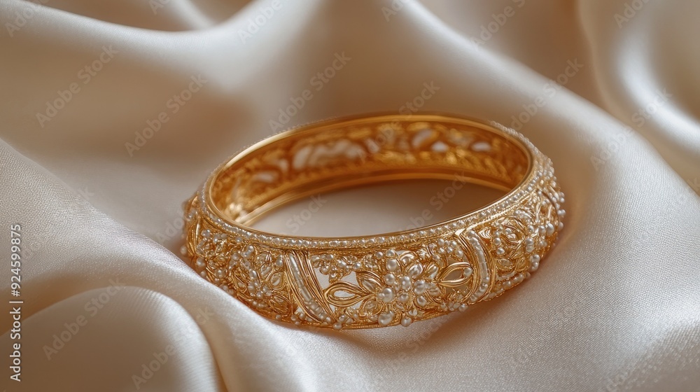 A gold bangle with intricate carvings, displayed on a soft fabric background for a luxurious feel. A gold bangle with intricate carvings, displayed on a soft fabric background for a luxurious feel.