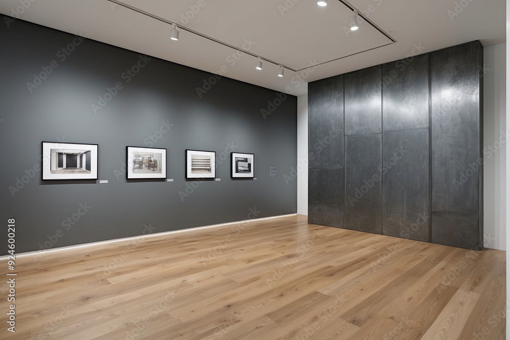 Obraz premium Modern Gallery Interior Design with Steel Grey Walls and Elegant Wooden Flooring
