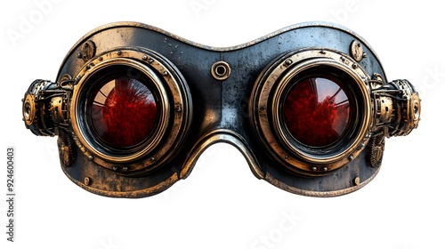 Steampunk Halloween mask with mechanical blood-red eyes, vintage metal finish, high-detail illustration, isolated on white background