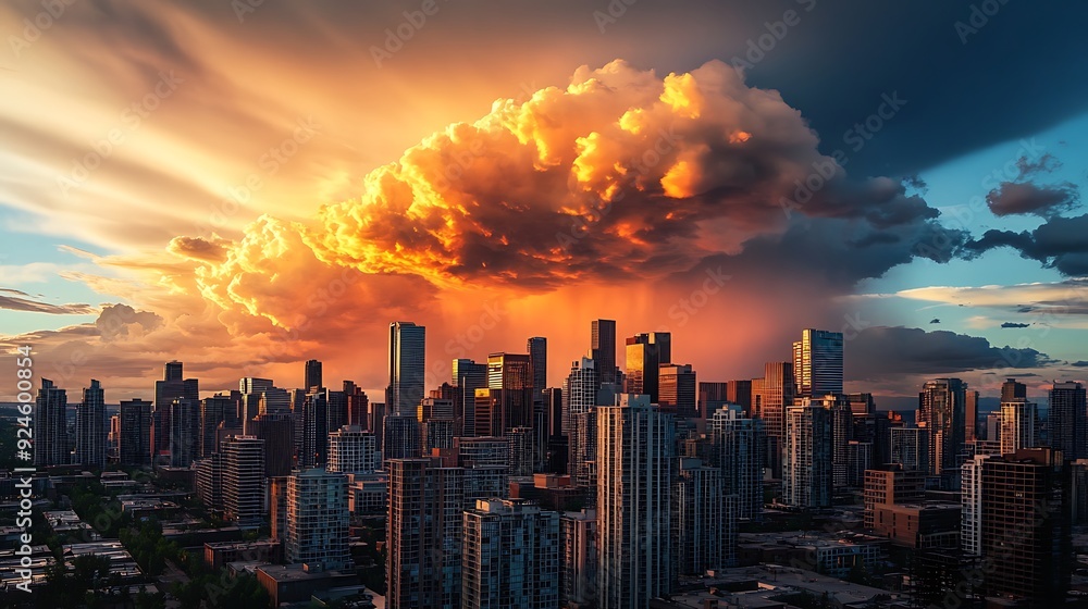 Fototapeta premium A bustling city skyline during sunset, featuring a large, vibrant orange cloud dominating the sky