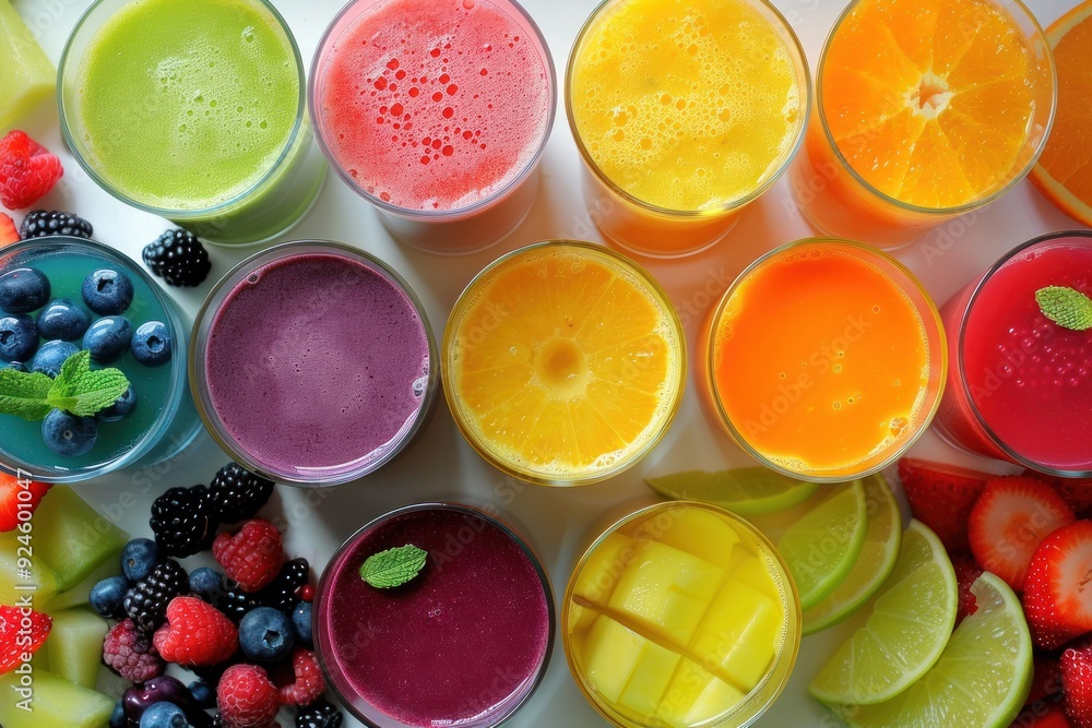 Colorful Fruit Juices and Slices on a White Background Colorful Fruit Juices and Slices on a White Background