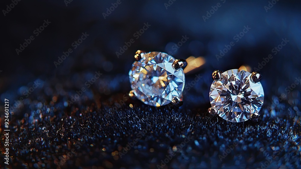 A pair of diamond stud earrings arranged elegantly on a dark velvet surface, capturing their sparkle. A pair of diamond stud earrings arranged elegantly on a dark velvet surface, capturing their sparkle.