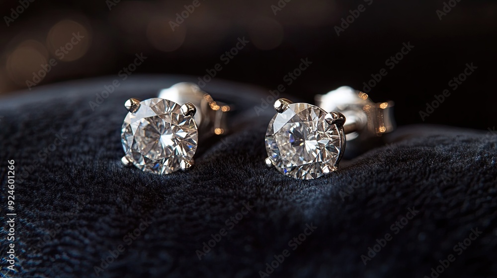 A pair of diamond stud earrings arranged elegantly on a dark velvet surface, capturing their sparkle. A pair of diamond stud earrings arranged elegantly on a dark velvet surface, capturing their sparkle.