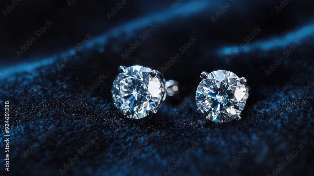 A pair of diamond stud earrings arranged elegantly on a dark velvet surface, capturing their sparkle. A pair of diamond stud earrings arranged elegantly on a dark velvet surface, capturing their sparkle.