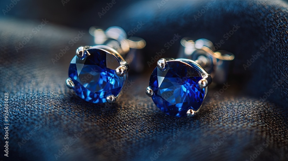 A pair of sapphire earrings arranged on a dark fabric background, emphasizing their deep blue color. A pair of sapphire earrings arranged on a dark fabric background, emphasizing their deep blue color.