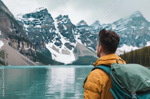 Hiker Contemplates Scenic Lake and Mountains in Rocky Environment