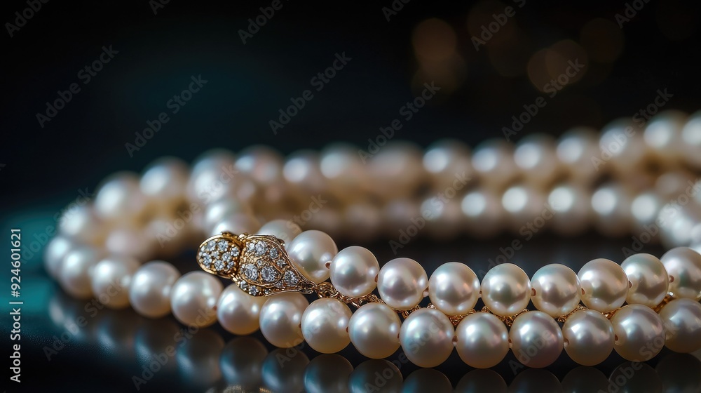 A pearl necklace with a matching bracelet, displayed against a dark background for contrast. A pearl necklace with a matching bracelet, displayed against a dark background for contrast.