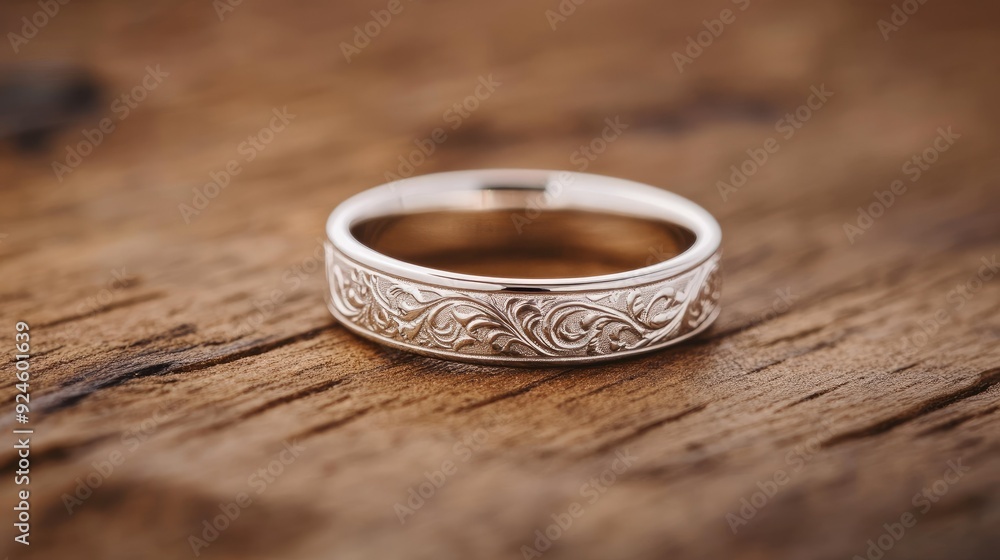 A platinum wedding band with engraved details, placed delicately on a wooden surface. A platinum wedding band with engraved details, placed delicately on a wooden surface.