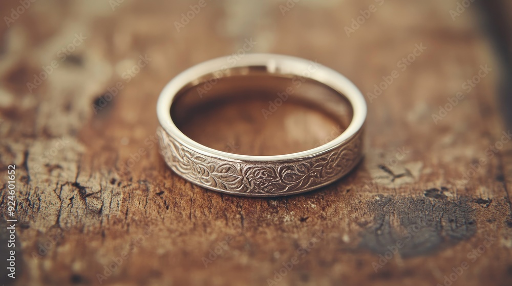 A platinum wedding band with engraved details, placed delicately on a wooden surface. A platinum wedding band with engraved details, placed delicately on a wooden surface.