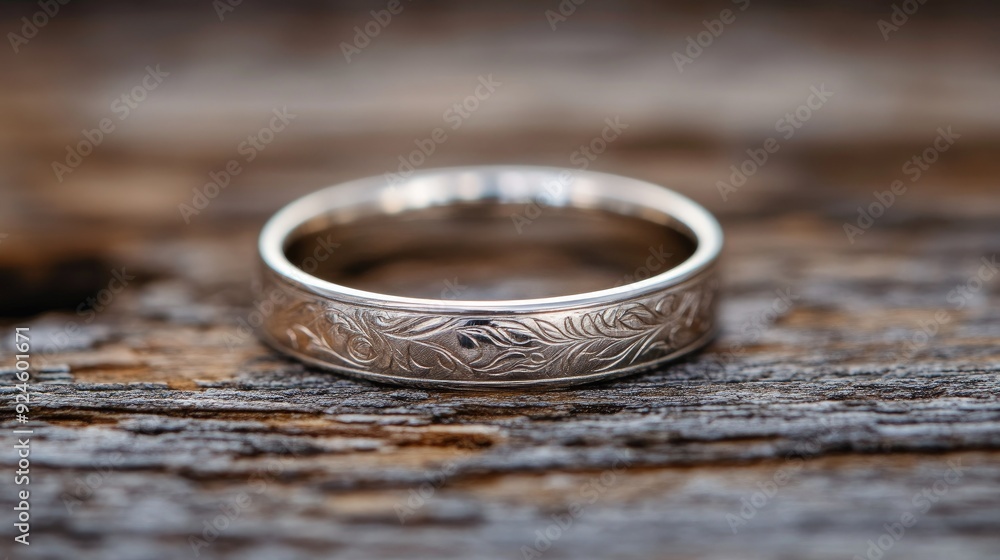 A platinum wedding band with engraved details, placed delicately on a wooden surface. A platinum wedding band with engraved details, placed delicately on a wooden surface.
