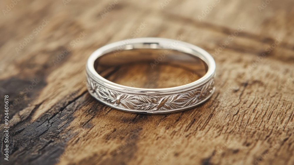 A platinum wedding band with engraved details, placed delicately on a wooden surface. A platinum wedding band with engraved details, placed delicately on a wooden surface.