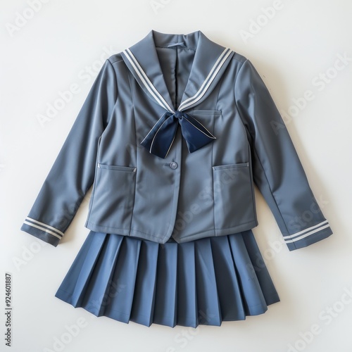 Blue school uniform jacket and skirt on white background