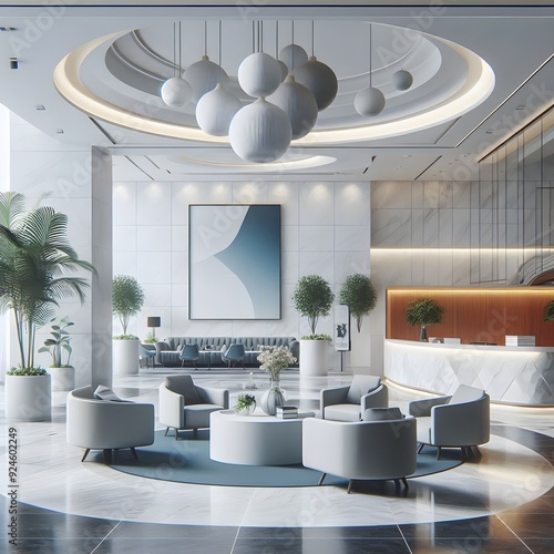 Modern Lobby Interior Design with Circular Ceiling and Abstract Art photo