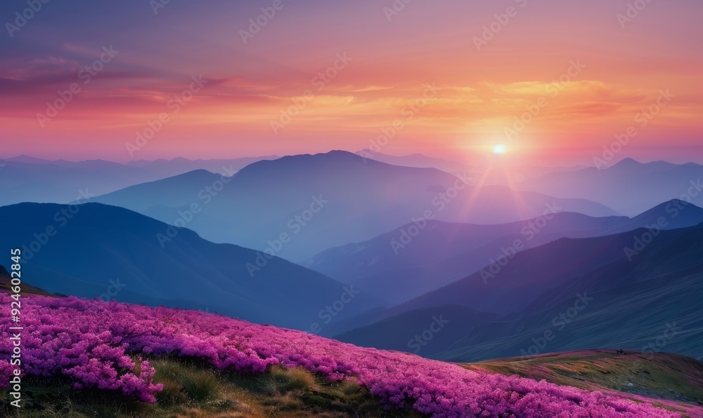 Vibrant Pink Flowers Blooming at Sunset in a Mountainous Landscape Vibrant Pink Flowers Blooming at Sunset in a Mountainous Landscape