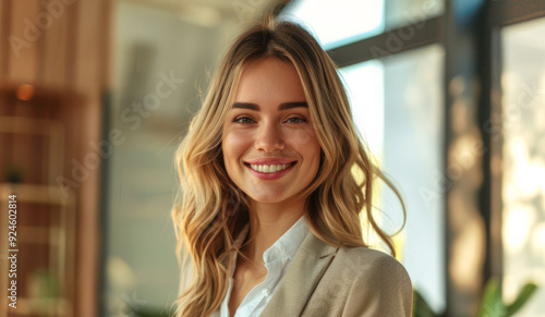 Portrait of a cheerful turquoise eye of woman with blonde hair smiling in a white top, highlighting her long hair and natural smile in interior room.