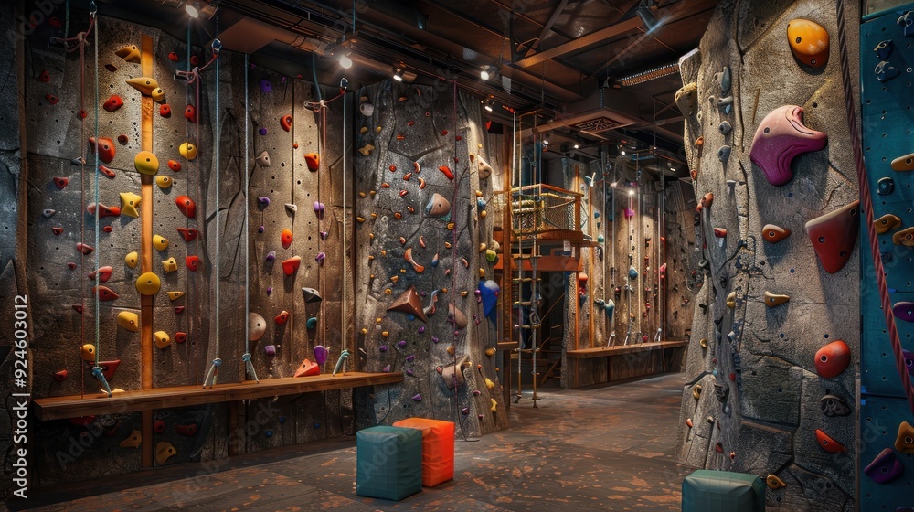 Obraz premium An adventure-themed office with rock climbing walls, rope courses, and obstacle challenges.