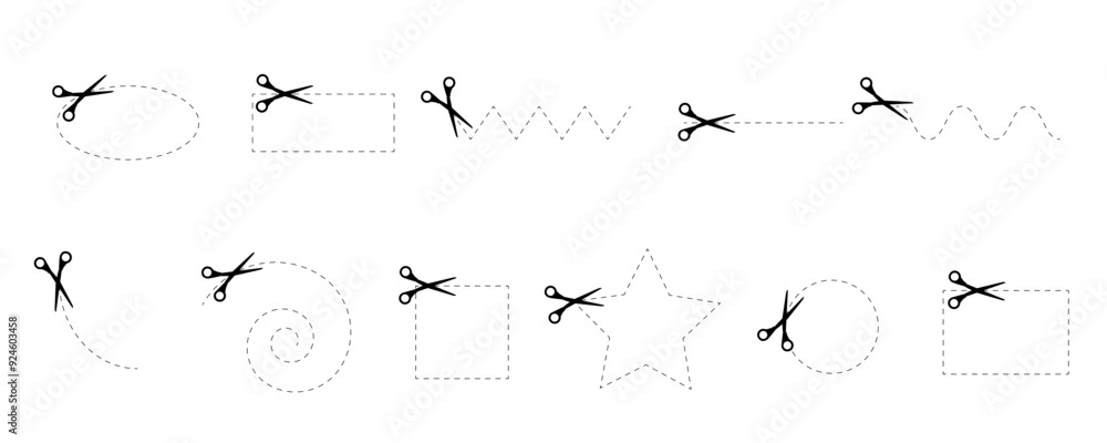 Scissors icons with dotted lines path set. Cut here pictogram for coupons, vouchers, labels, paper pages. Simple graphic stock vector illustration isolated on white background. Scissors icons with dotted lines path set. Cut here pictogram for coupons, vouchers, labels, paper pages. Simple graphic stock vector illustration isolated on white background.