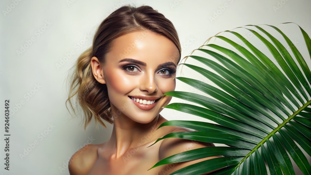 Serene beauty poses with a lush green palm leaf on a crisp white background, showcasing her flawless skin and vibrant smile in a tropical atmosphere. Serene beauty poses with a lush green palm leaf on a crisp white background, showcasing her flawless skin and vibrant smile in a tropical atmosphere.