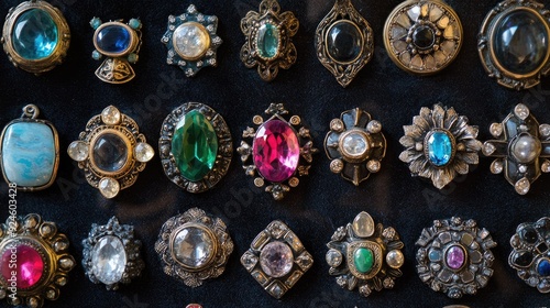 An array of gemstone brooches, each with unique designs, arranged on a dark velvet surface.